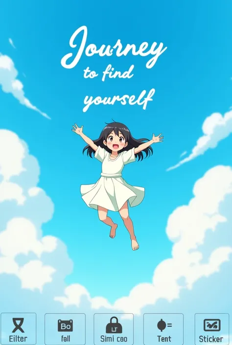 Create a Ghibli style poster showing a cartoon character,  A young girl , fun jumping into the air on the background of clear blue sky among white clouds.  She is wearing a white dress and appears to be smiling .  Above she has the inscription  " Journey t...