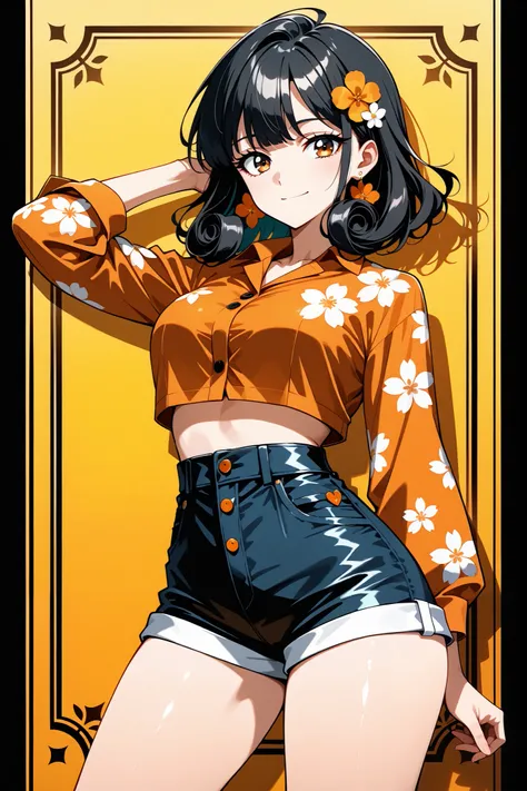  (((Masterpiece))), a top influencer woman, best quality, ultra-detailed, cute and spunky, retro 60's style, fair skin, short curly black hair with flower clips, orange button up crop top transparent floral print sleeves, brown high waist button up shorts,...