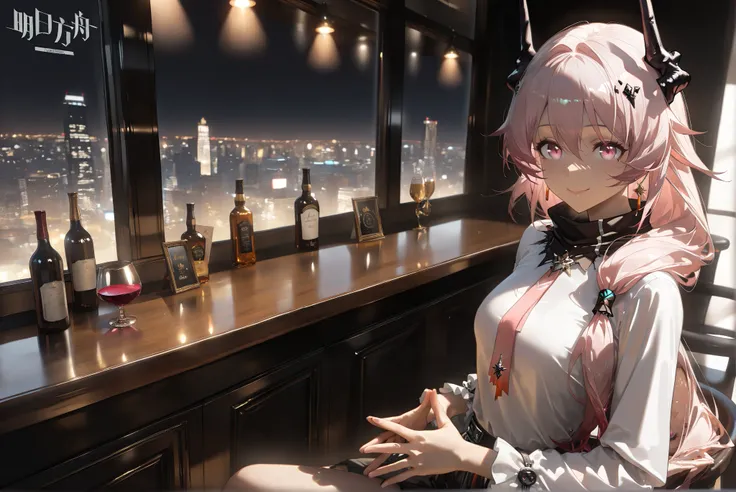 female,(((alone)))((Theresa)),((Theresa_\(arknights\))), Theresa_\(arknights\),  pink hair color 。Pink Eyes。longhair。Black horn 。((steepled fingers)),((( white shirt)))((( pink tie))),( beautiful eyes:1.5),smile,,Photorealistic Background,Bar counter, is s...