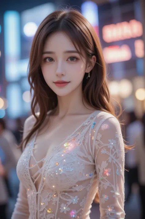   Beautiful Virtual Idols  ,  Detailed Digital Avatars  ,  Bright Holographic Figure , Clear, glowing skin ,  detailed facial features , A cute smile in the Kyoden  , Delicate expression,  Long Flowing Hair  ,  elegant pose  ,  Surreal Futuristic Environme...