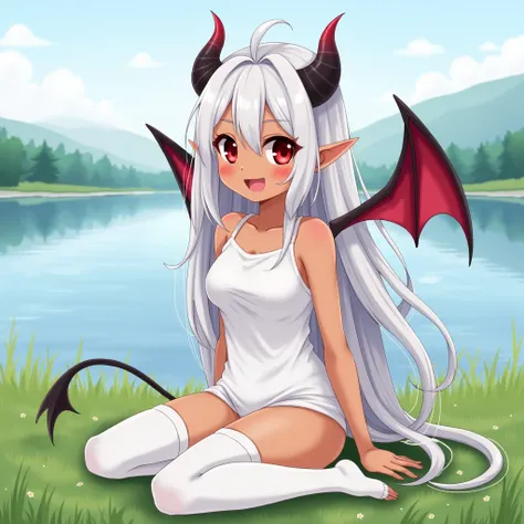 1girl, young loli, dark tan skin, long white hair, demon ears, demon wings, long demon tail, slightly realistic, red-black horns, large eyes, red eyes, lake, lakeside, beautiful eyes, intricate details, white tank top and white panties, white thigh-highs, ...