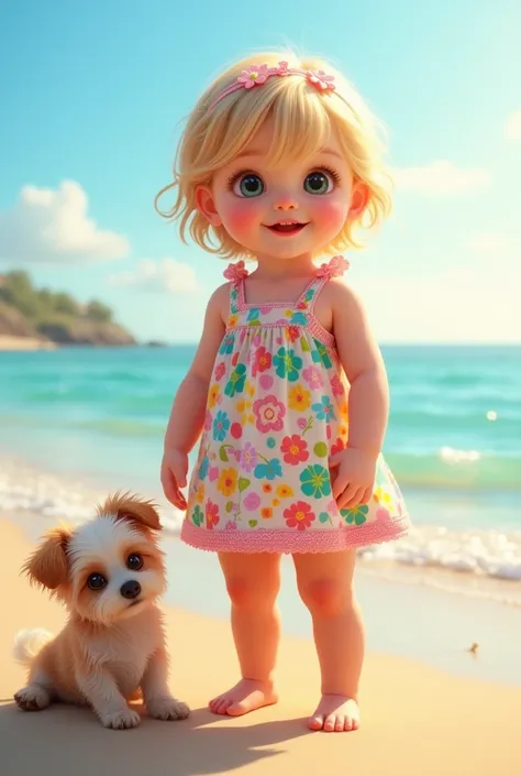 

"A hyper-realistic depiction of a  baby girl with an adorable and cheerful expression, standing fully upright. She is wearing a colorful, floral dress with vibrant patterns, perfect for a sunny day. The baby girl is facing the camera directly, her entire...