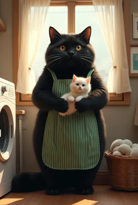 ultra-realistic, photorealistic, dramatic scene, shadow, global-illumination, the human-like giant black cat\(wearing a vertical striped green apron, black cat\), the human-like black cat is standing at the side of the washing machine and holding a cute wh...