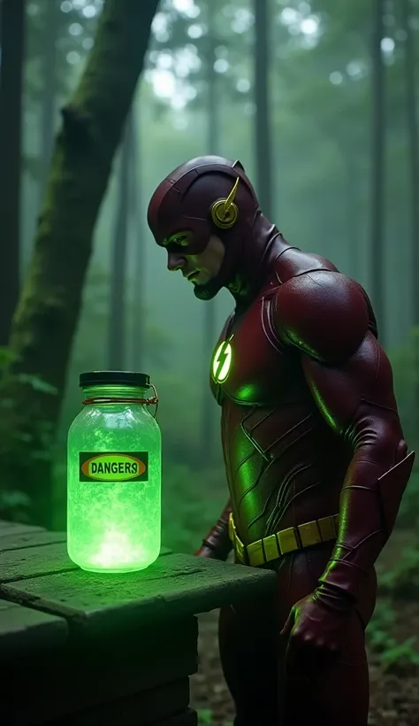 "The Flash curiously examining a glowing green toxic jar with a 'danger' sign, placed on a wooden platform in a dense forest, cinematic composition, photorealistic details, eerie glowing green light reflecting off The Flash's red suit and lightning details...