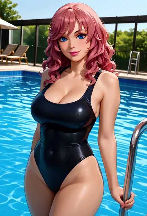 (8k, best quality, masterpiece:1.2), (realistic, photo-realistic:1.37), ultra-detailed, 1 girl,cute, solo, ,beautiful detailed blue eyes, medium wavy hair, , , smiling, looking at viewer, ,dark pink hair, lips, pink lipstick,  , , , nsfw, big breasts, volu...