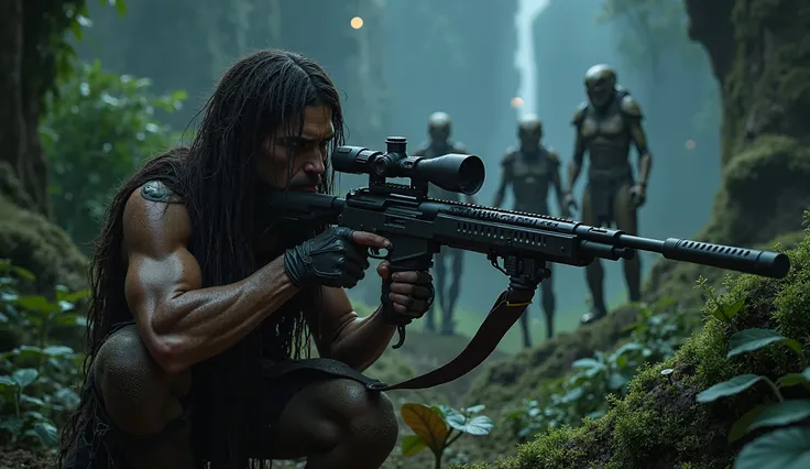 "An intense and dramatic image featuring a prehistoric human sniper with a rugged appearance, holding an ancient yet advanced sniper rifle, crouched in a dense, alien jungle. In the background, alien warriors with futuristic armor look shocked and fearful,...