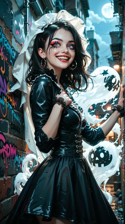  A Girl Wearing a Dark Rock Wind Costume， the eyes of a ghost ，Demon's Eye ， Dark Style Makeup ， High detail，Extremely high quality，32K，excited， Evil Smile ，Dark Night Alley ， Super Freaky Graffiti Wall ， black magic，