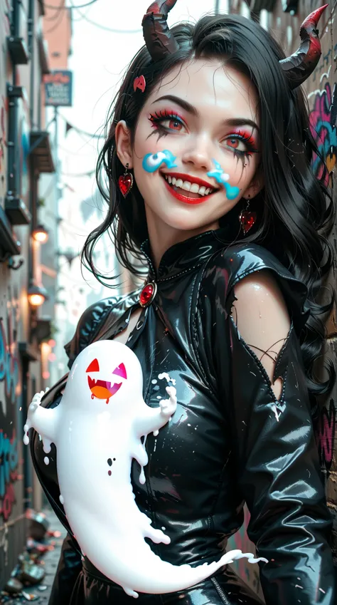  A Girl Wearing a Dark Rock Wind Costume， the eyes of a ghost ，Demon's Eye ， Dark Style Makeup ， High detail，Extremely high quality，32K，excited， Evil Smile ，Dark Night Alley ， Super Freaky Graffiti Wall ， black magic，