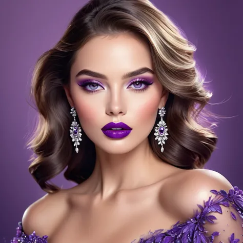 best quality,high resolution,Fashion Illustration,Elegant Model,Beautiful and delicate eyes,Detailed purple lips and face,Stylish glamour,Track laying,bright colors,Elegant dress,Gorgeous accessories,Professional studio lighting,Ultrafine coating,Realistic...