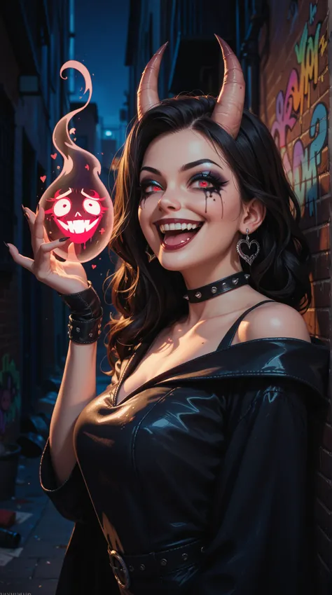  A girl in a dark rockwind costume， the eyes of a ghost ，Demon's Eye ， Dark Style Makeup ， High detail，Extremely high quality，32K，excited， Evil Smile ，Dark Night Alley ， Super Freaky Graffiti Wall ， black magic，