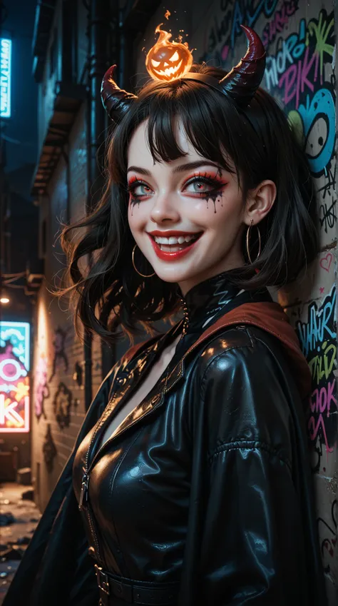  A Girl Wearing a Dark Rock Wind Costume， the eyes of a ghost ，Demon's Eye ， Dark Style Makeup ， High detail，Extremely high quality，32K，excited， Evil Smile ，Dark Night Alley ， Super Freaky Graffiti Wall ， black magic，