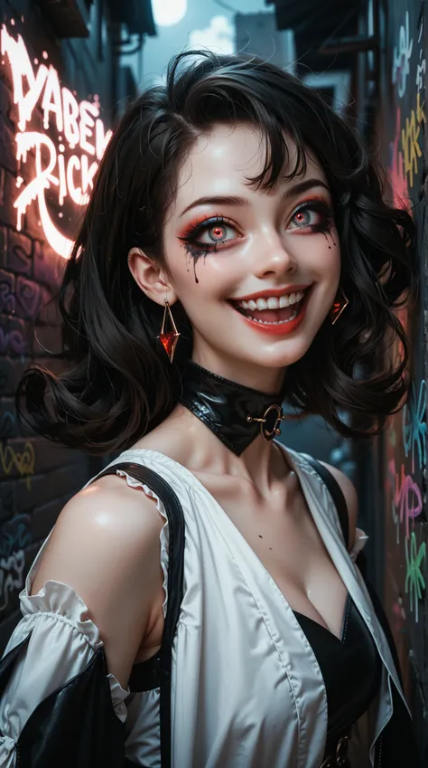  A Girl Wearing a Dark Rock Wind Costume， the eyes of a ghost ，Demon's Eye ， Dark Style Makeup ， High detail，Extremely high quality，32K，excited， Evil Smile ，Dark Night Alley ， Super Freaky Graffiti Wall ， black magic，