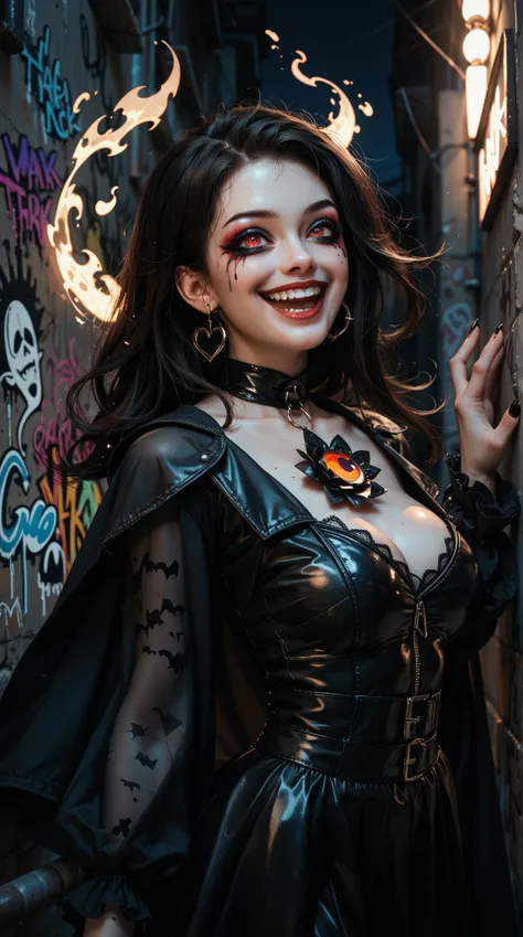  A Girl Wearing a Dark Rock Wind Costume， the eyes of a ghost ，Demon's Eye ， Dark Style Makeup ， High detail，Extremely high quality，32K，excited， Evil Smile ，Dark Night Alley ， Super Freaky Graffiti Wall ， black magic，