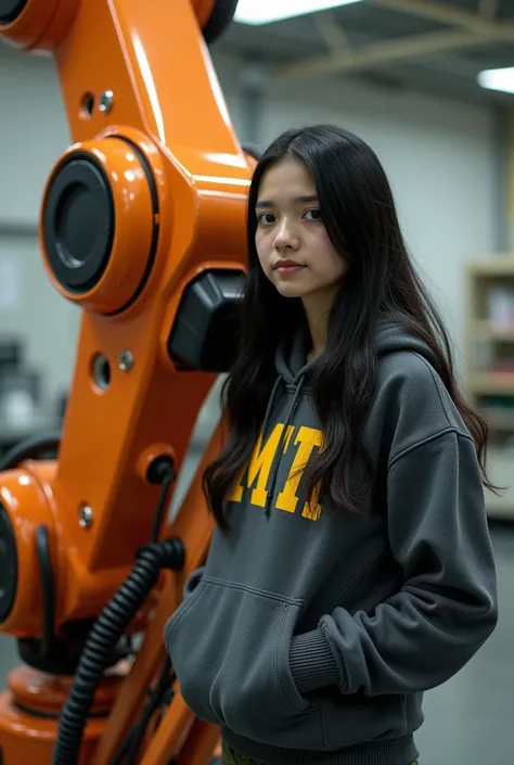 Black hair female college student wearing mit hoodie standing next to a big orange robotic hand