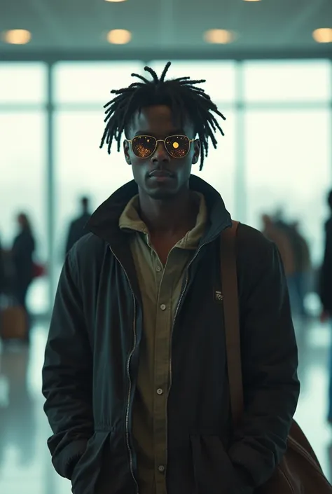 looks 1980s The model is wearing glass1980’s look’s A young African man name- (BOO) in his early 30s, with dark skin, 6.3 feet tall, middle low hairstyle haircut, average built, wearing thin clothes, standing inside a busy airport (New York airport), about...