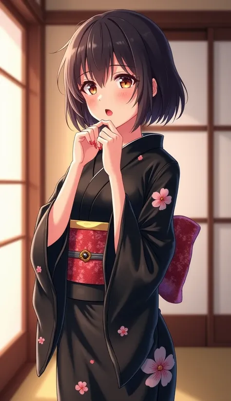 Anime girl with shiny yukata in black flowers and stands in a Japanese living room with an expression of joy and looking out of temptation and seduction with her hands down bright red lips and bright pink nails