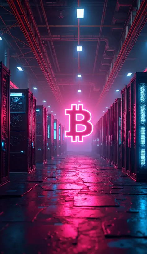 Bitcoin Mining In Factory, In Factory Lots Of GPU , Glowing Neon Effect , Bitcoin Also Glowing In Neon colour 