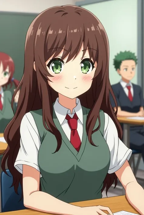  Screenshot of my Hero Academia .
 Girl with long wavy brown hair ,  has green eyes and a cheerful expression .  she is wearing a UA uniform and in the background she has a UA school class and is sitting at a table. (The girl is the daughter of Aizawa Shōt...