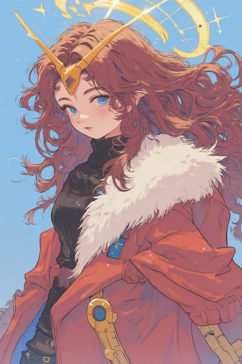 Girl with a neutral appearance , Strange body ,  dark red long curly hair, Hair turned to the right, Blue eyes, Freckles around the eyes, A fluffy red coat over a black sweater, Gundam's yellow V-shaped blade antenna on the forehead, Halo above your head