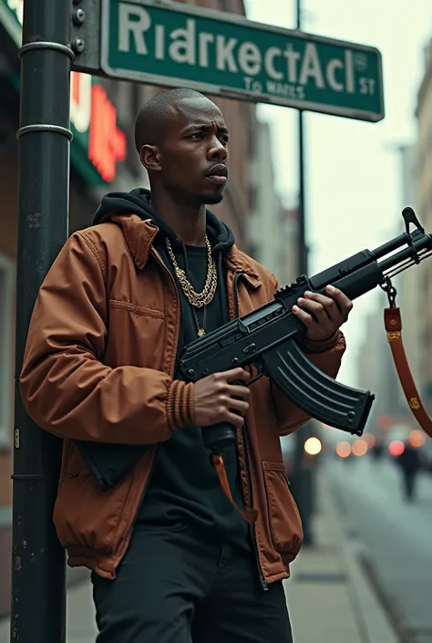 Rapper EBK Jaaybo on nightingale street by the street sign doing weird stuff with a aK47