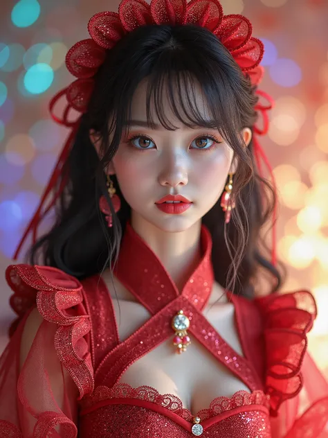 real photograph, Glittering and bright portraits, (masterpiece), (highest quality), (Super detailed), (shape), (one japanese girl), Pretty face like an idol, (a frill and jewelry glitter red maid uniform fully made from geometric prisms ), big breast, Are ...