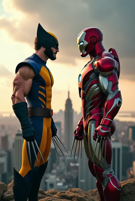 /imagine prompt: A dramatic standoff between Wolverine and Iron Man, captured in stunning 4K detail as if taken with a Sony A1 camera. Wolverine stands confidently in the foreground, his rugged demeanor highlighted by his iconic yellow and blue suit, with ...