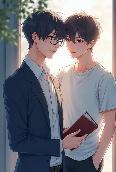 Anime man wearing a student uniform wearing glasses, pale pink lips holding a book, another man standing next to handsome, white, tee