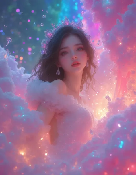 fantastic rainbow foam beautiful princess in a landscape, 1 Female, elegant pose , Fantastic, dreamlike, colorful rainbow bubbles , Shining Light, Mysterious, Pastel Colors , cinematic lighting, Fantasy , Digital Art , concept art , masterpiece, best quali...