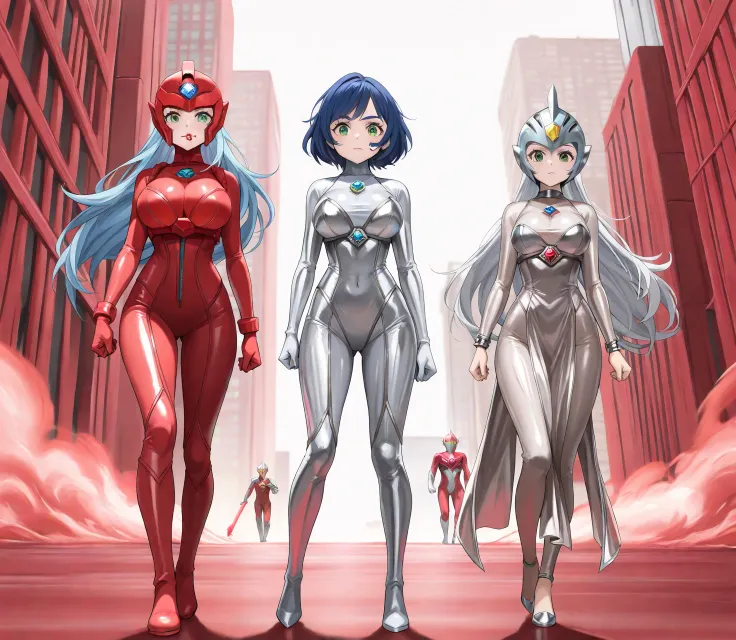 Full body image, standing, Princess Zelda giant, (red with silver costume:1.5), as Ultraman, immensely large breasts1, very tight body suit, heavy makeup on her face, light blue jewel on the breastplate, helmet on head, red lipstick on her mouth, (she gree...