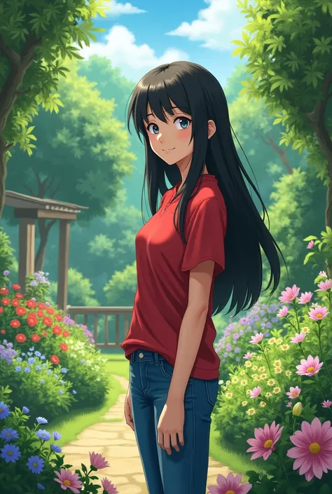 Kagome wearing jeans with red shirts in the garden