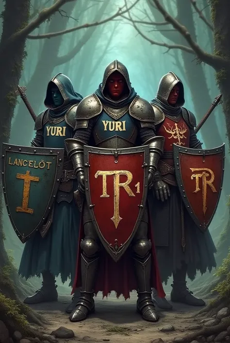 Three knights ,  each has the following names written on their t-shirt :

 YURI, LANCELOT, GALAHAT 


Could be a computer game environment in the background; For example,  is a fantastic forest , Space,  dungeon or any in-game world .  Characters' poses ca...