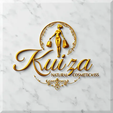 A professional 2d logo design on a gray granite wall. The logo features the name '  Dy Kuiza Natural cosmeticos' letras com brilho de vidro vivoin an elegant golden font. Above the text is a GOLDEN vivid silhouette of a woman Afroamerican holding a shoppin...