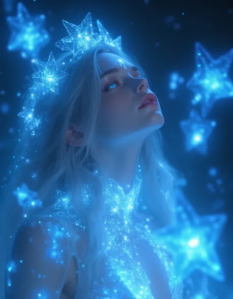 princess, Her face is gently illuminated by floating star crystals,  each emits a shining blue light .  Her graceful appearance shines with celestial light ,  Her silver hair is flowing down around her shoulders .  A crown of shining stars is placed on her...