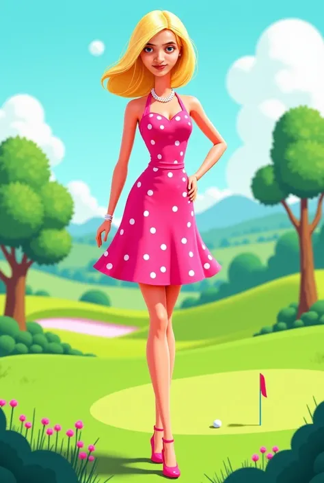 Barbie , bob hair blonde ,Wearing a pink polka dot dress, on the golf course. Ilustrasi abstak Very beautiful.