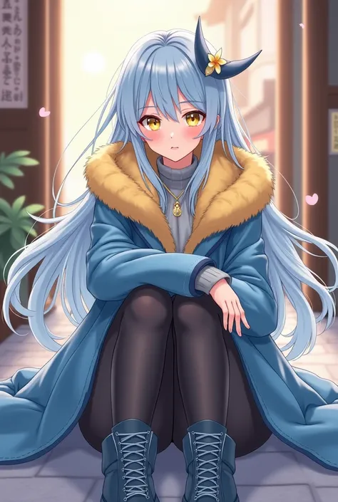 female, Animation,  Ultra High Definition,  light blue hair,  long hair, Japan too,  cute, yellow eyes, High quality, Neutral, blue outerwear, yellow fur shawl,  s ,  black stockings, blue boots 