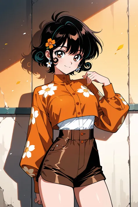  (((Masterpiece))), a top influencer woman, best quality, ultra-detailed, cute and spunky, retro 60's style, fair skin, short curly black hair with flower clips, orange button up crop top transparent floral print sleeves, brown high waist button up shorts,...