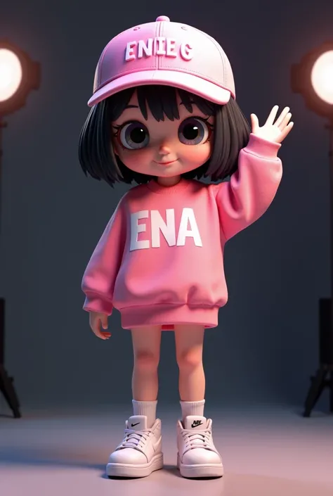 This is a 3D rendering of a stylized female anime character. She has large eyes, black short hair, and is wearing a pink sweatshirt with "ENA" written on it and a pink baseball cap with "ENA" on it. And white shoes Nike logo And he's hand waving while she ...