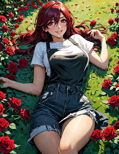 1 girl, dark red hair, long braid, red eyes, mature woman, sexy body, loose denim jumpsuit, white t-shirt, black miniskirt, seductive smile, (lying in a field of roses), (field of roses), from above , relaxed pose, (masterpiece:1.2), (best quality:1.2), (v...