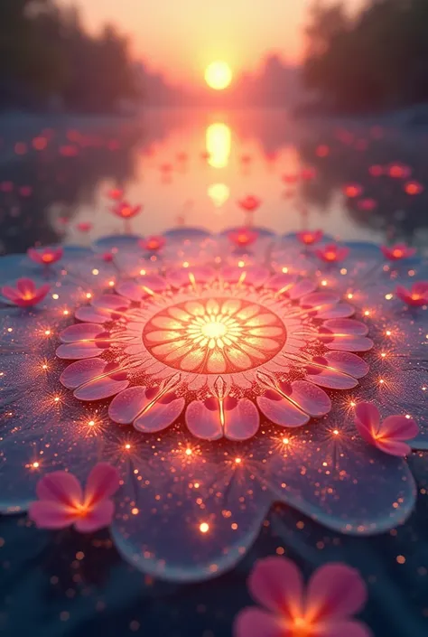 Beautiful mandala that vibrates in the gradient colors of the sunset and has many lily-like flowers