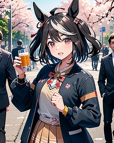 Viewing Cherry Blossoms　 、 Kitasan Black（Uma Musume） 、 sexy、 jacket 、 group of middle-aged men in suits drinking beer 、Tavern outside