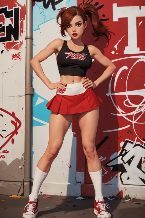 score_9, score_8_ top, score_7_ top, 

 1girl,brown-haired, red lips,   for short hair with a ponytail,  toned body,  medium breasts ,  white socks and brats shoes , standing position,  ,  Red mini skirt,  black tights, Graffiti wall background , Graffiti ...