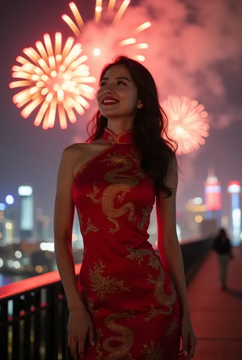 a captivating 25-year-old Chinese beauty, exuding grace and allure. She wears a striking red cheongsam adorned with an intricate dragon pattern, symbolizing strength and good fortune, complemented by elegant high heels that elevate her poise. Her beautiful...