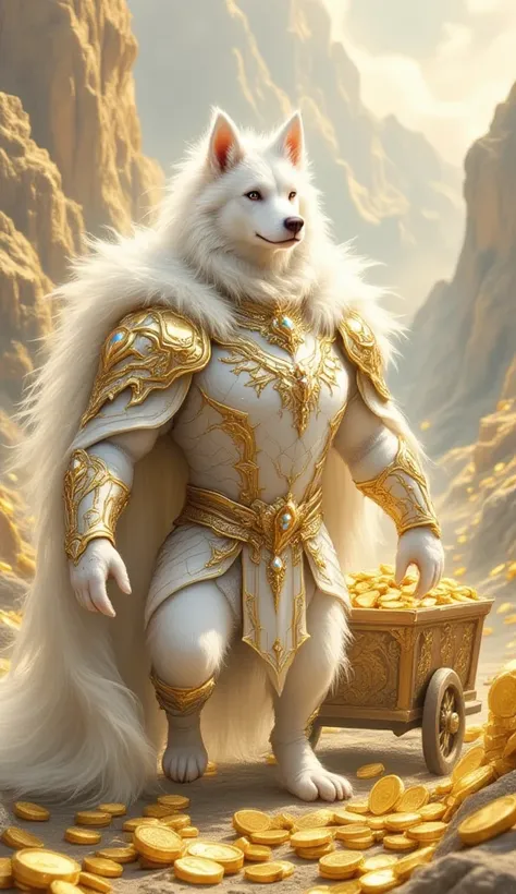 (best illumination, best shadow, masterpiece, best quality), anthropomorphic white dog king, majestic, intimidating, powerful, epic, royal armor of white and gold with intricate details, clean lines, perfect illustration,The surrounding scenery is golden m...