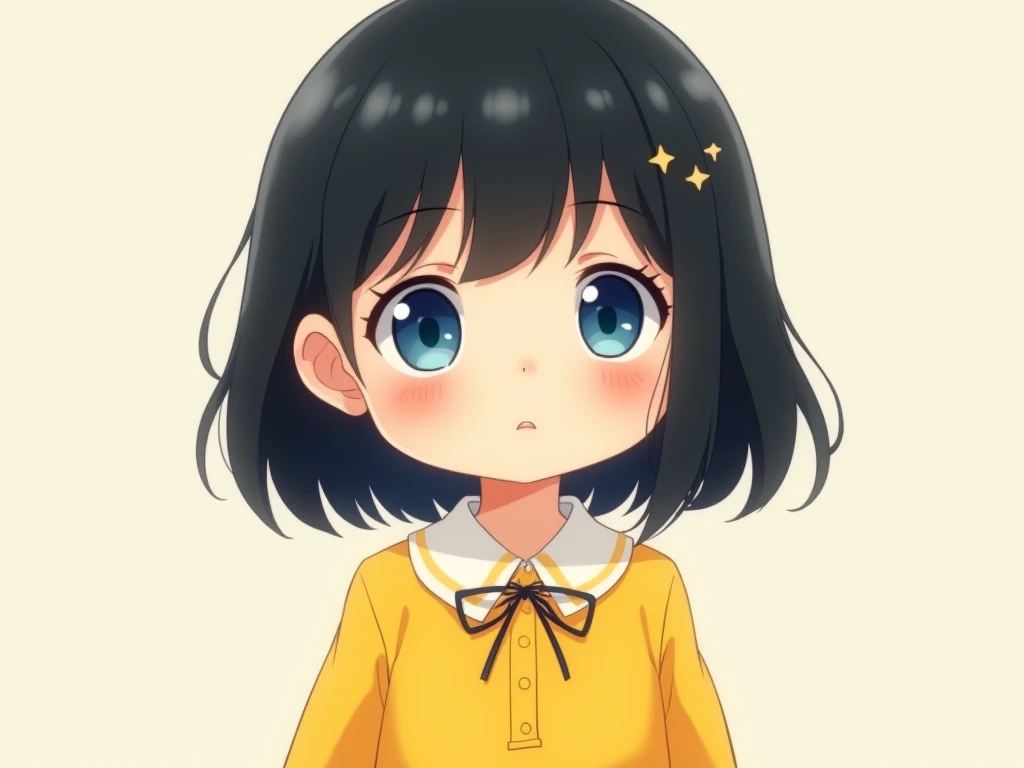 blue eyes, elementary school student, yellow clothes, cute, black hair, girl, straight hair