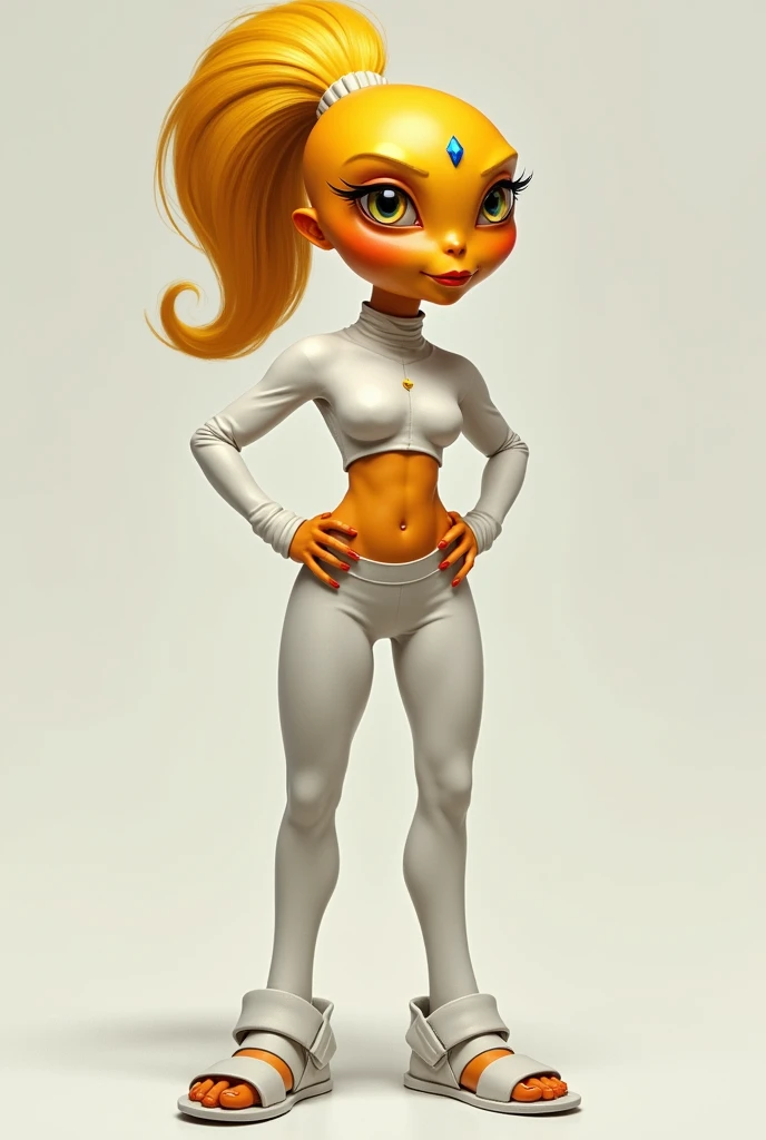 Semi-realism. A female alien with golden-amber eyes, and have a yellow-orange skin complexion. She has a blue diamond that's on her forehead. She has glossy red lips with a cute smile. Her hair transitions from yellow roots to the orange tips, and is kept ...