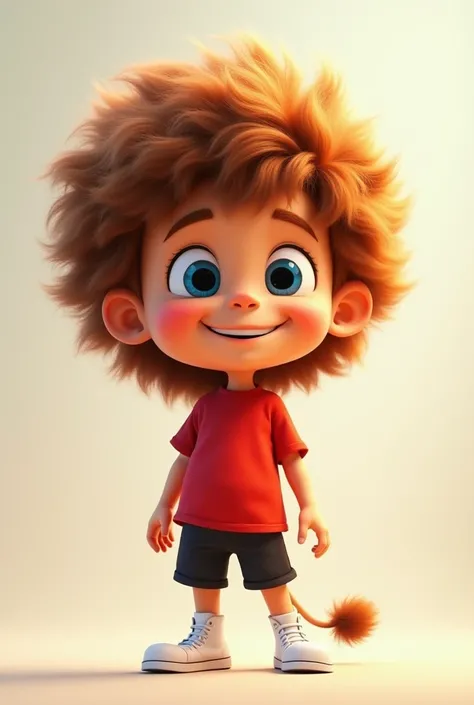 "Create a Pixar-style cartoon of a cute boy with a large, fluffy mane, big blue eyes, wearing a red shirt, black shorts, and white shoes. He should have a joyful expression, with his fluffy hair slightly tousled, capturing the essence of fun and innocence ...