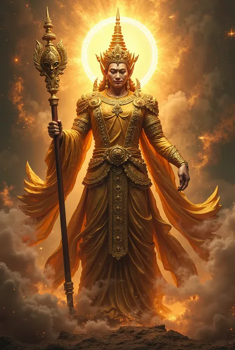 "An image of Thao Wessuwan, the god of wealth and protector against evil, depicted with a formidable and majestic presence. He stands tall in a powerful posture, with a fierce expression and piercing eyes radiating authority. He wears an ornate, towering c...