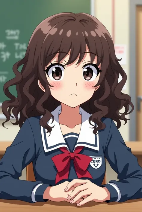  Screenshot of my Hero Academia .

Girl with curly brown hair and white highlights, He has black eyes and has a neutral expression.  she is wearing a UA uniform and in the background she has a UA school class and is sitting at a table. (The girl is the dau...