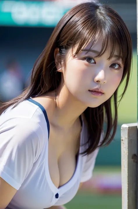 Baseball Stadium、Supporters、 cheerleader 、I'm rooting for the players、 High Quality ,超 high resolution,、1 person,whole body、Shiny brown hair,(8k, 4K、最 High Quality ,  high resolution, 超 high resolution:1.1)、Short Bomb Hair、Cool Look, and stare at the camer...