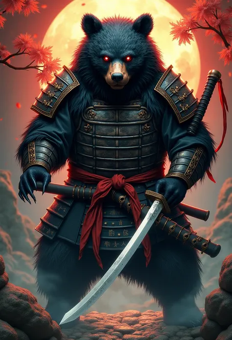 "(Black Bear Samurai+corruption+Blanche),  Astonishing Eye、 Japanese sword、 vivid color、 amazing details ,  traditional Japanese background ,  Amazing Illustrations , Perfect image quality"